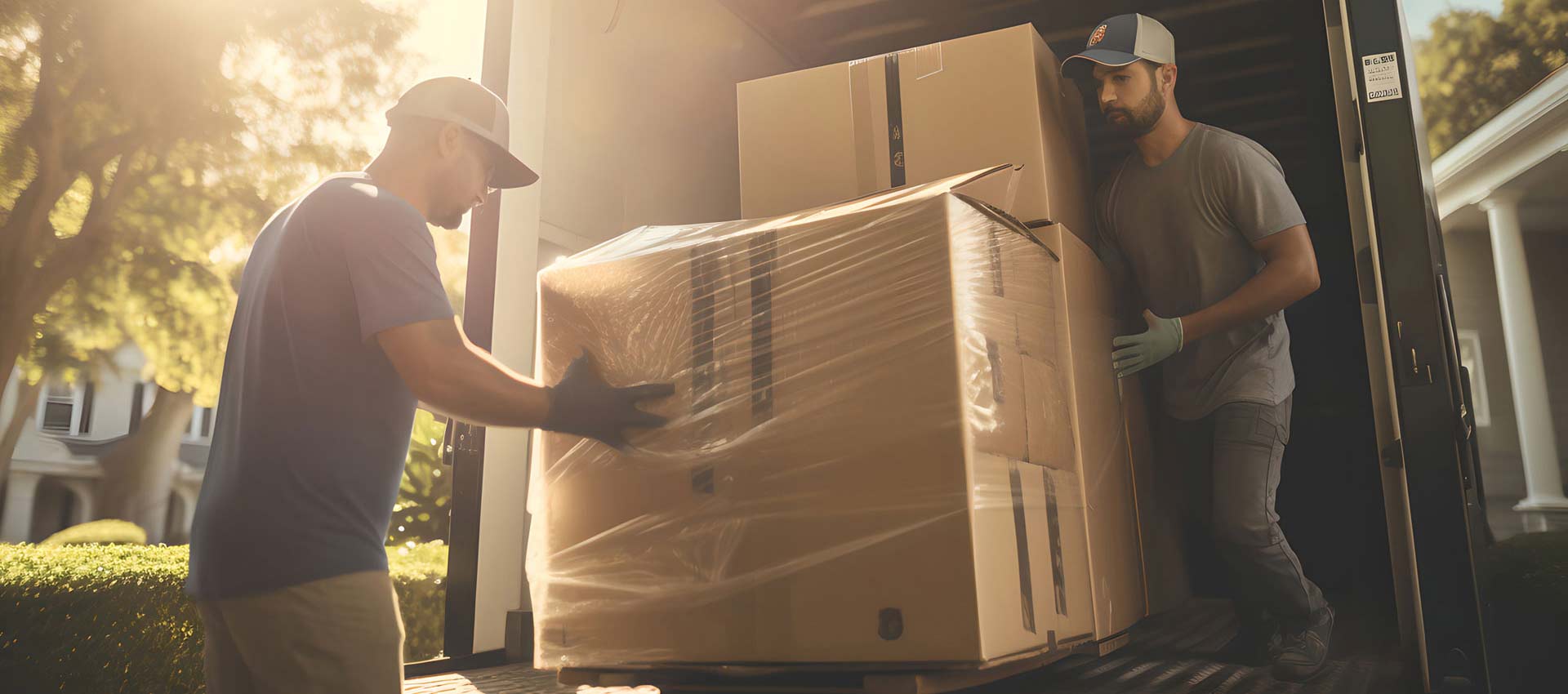 Movers load large boxes into Box Truck Couriers moving truck.